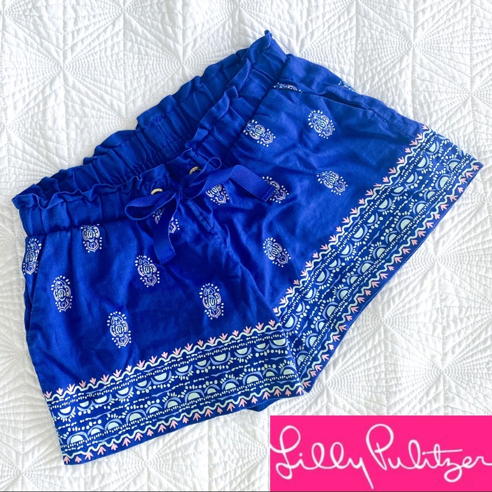 Lilly Pulitzer Printed Blue Linen Shorts, Size S